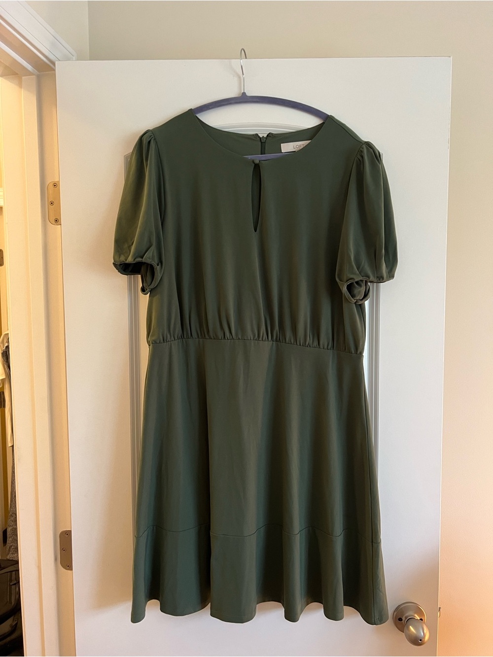 LOFT Olive Green Keyhole Puff Sleeve Mini Dress